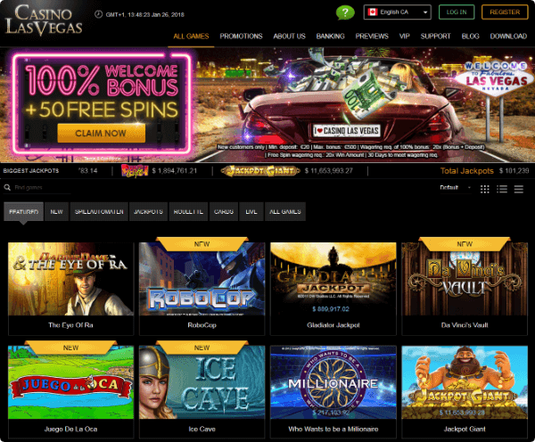 Casino Las Vegas - 100% up to C$ 500 + 50 Free Spins